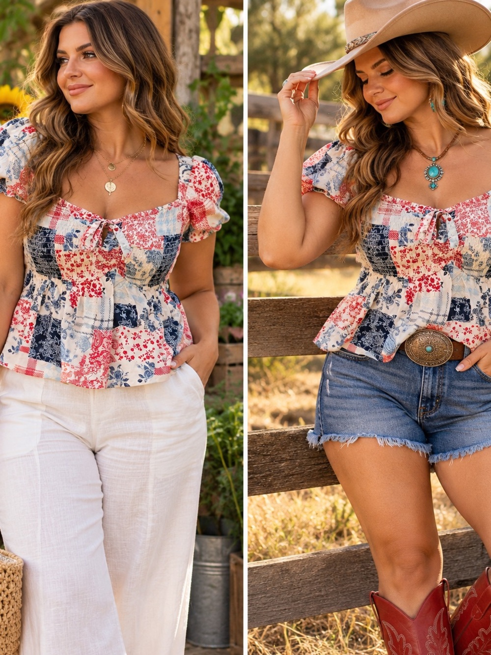 Derek Heart Red Navy Cream Patchwork Smocked Peplum Top